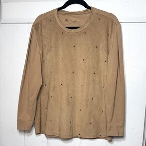 Diane Gilman Tan Faux Suede Mixed Media Long Sleeve Top with Stud Accents